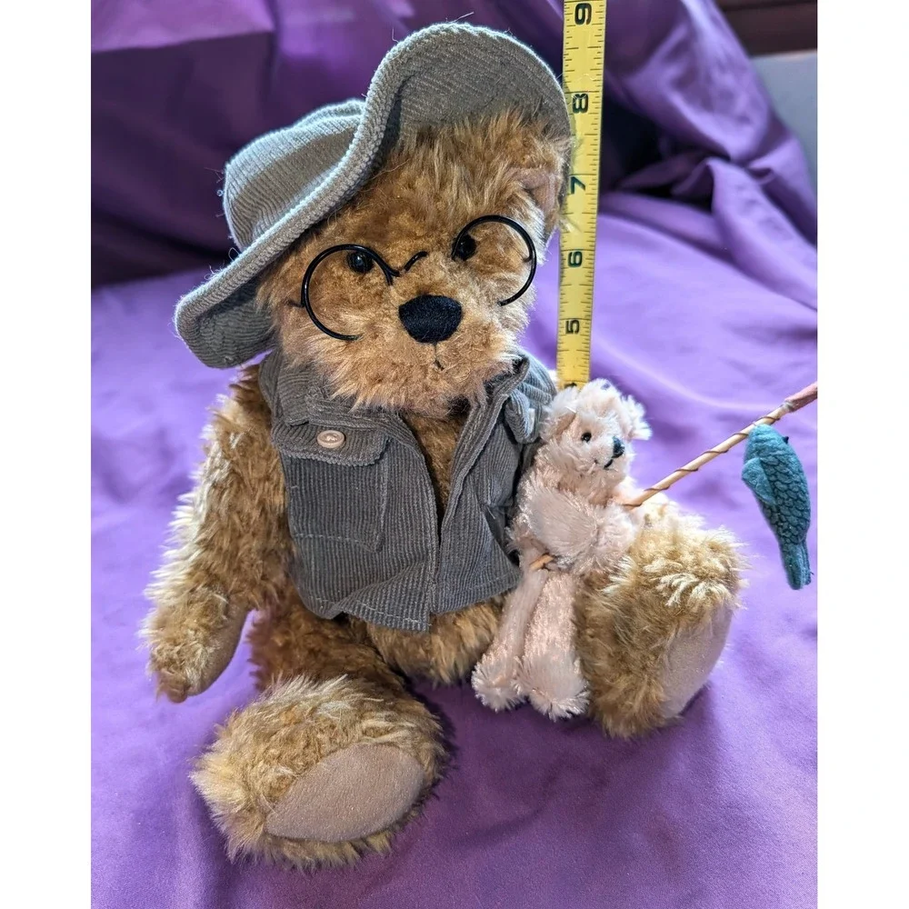 Plush Brown Grandpa Bear glasses fishing pole Creel Vest Glasses Grandchild Hat